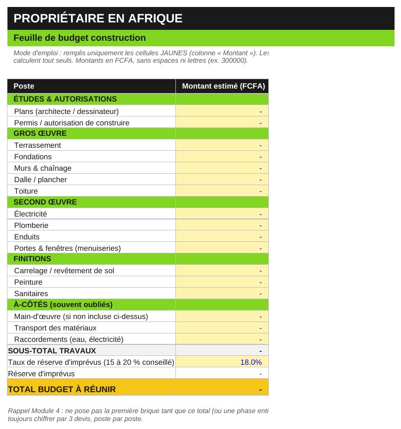 Feuille de budget construction : études et autorisations, gros œuvre, second œuvre, finitions, à-côtés souvent oubliés, réserve d'imprévus et total à réunir, en FCFA